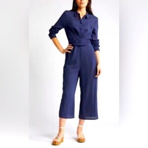 Caslon Tie Front Long Sleeve Wide Leg Seersucker Jumpsuit in Navy Small NWOT